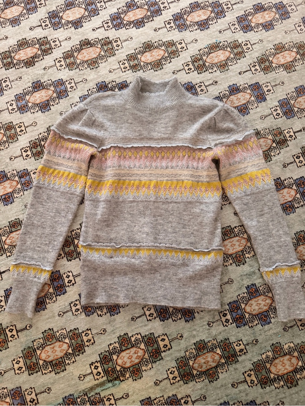 BCBG Wool Gray Fair Isle Knit Sweater with Yellow & Pink Accent